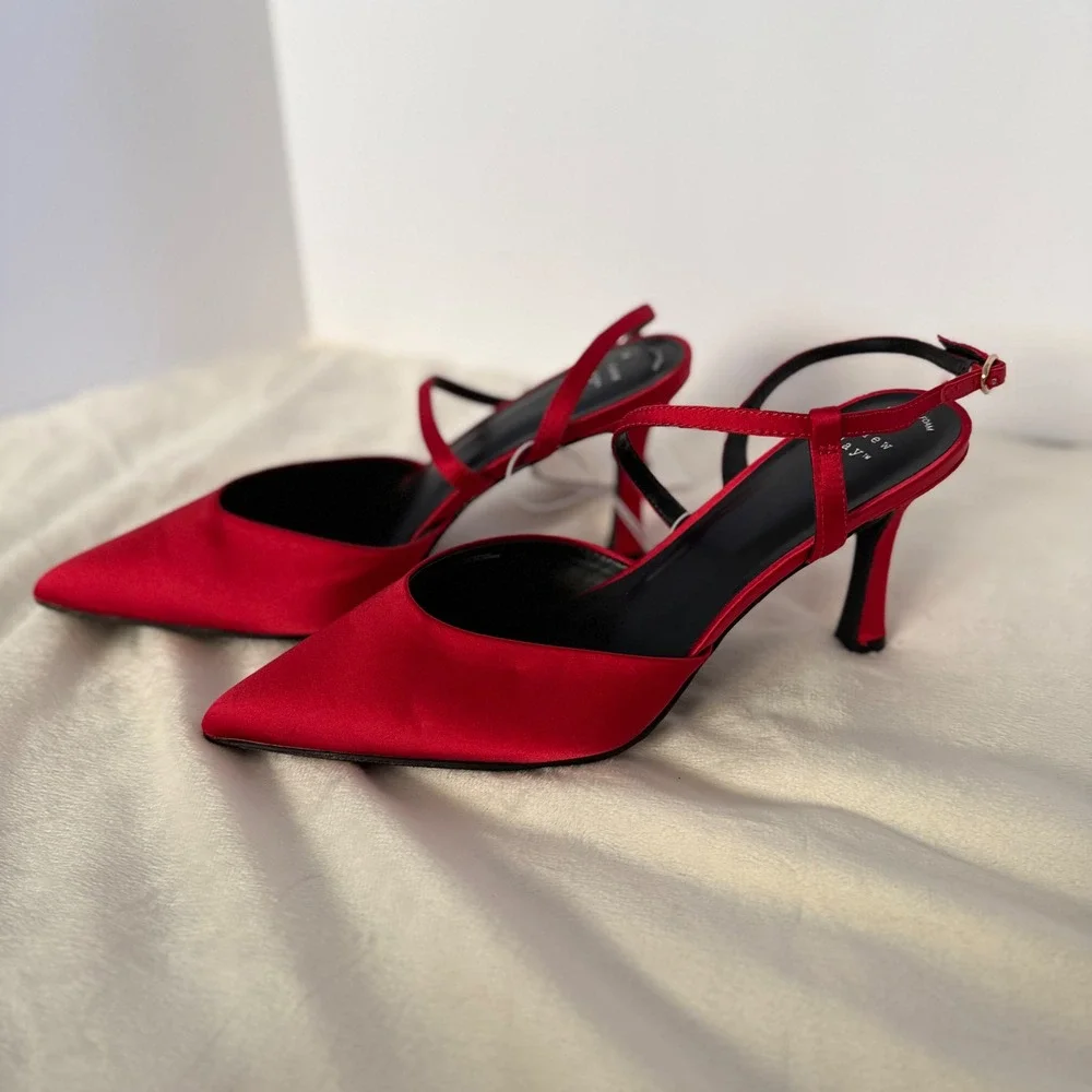 A New Day Red Satin Pointed Toe Slingback Heels Memory Foam Size 11